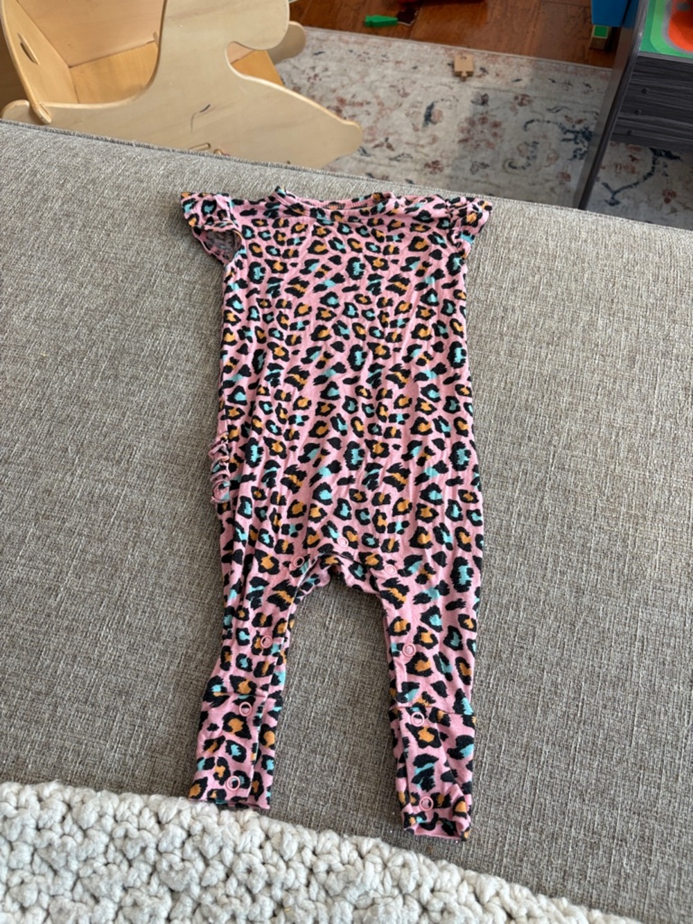 Posh Peanut Pink Leopard Print Romper with Teal & Mustard Spots